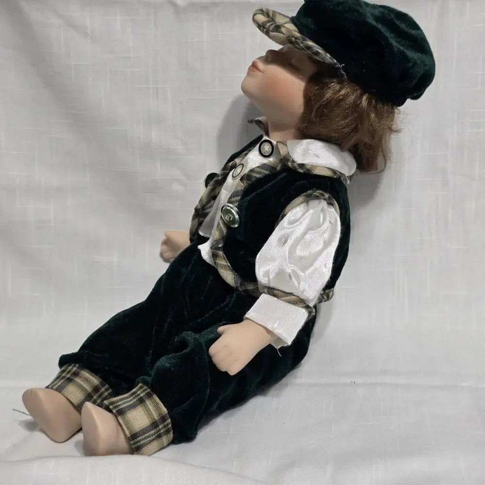 Vintage Collectible Porcelain Twin Dolls in Plaid and Blue Velvet Outfits
